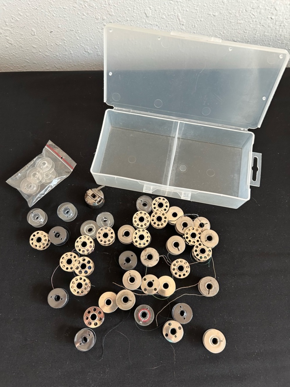 LOT of 44 Sewing Machine Bobbins & Case Multicolor Metal & Plastic Some Vintage